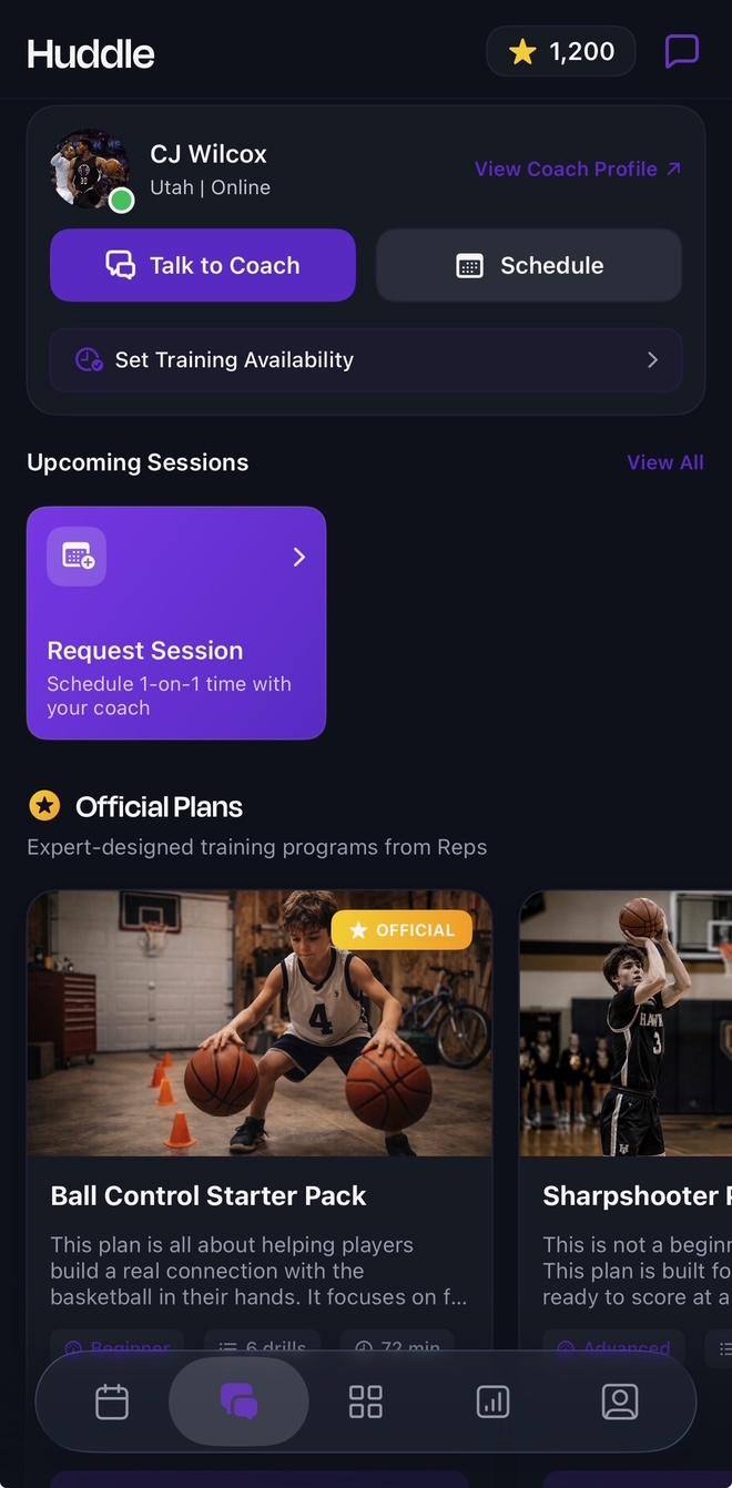 Reps Huddle coach connection screen